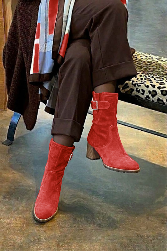 Women's red side-buckle ankle boots with round toe and mid block heel - Top view